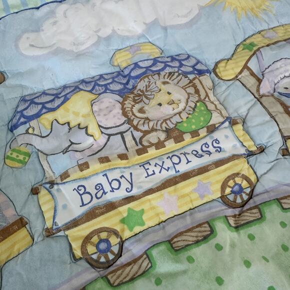 Baby Express Quilt Blanket Blue Ruffle Patchwork Animals Train Nursery Decor - Picture 2 of 11